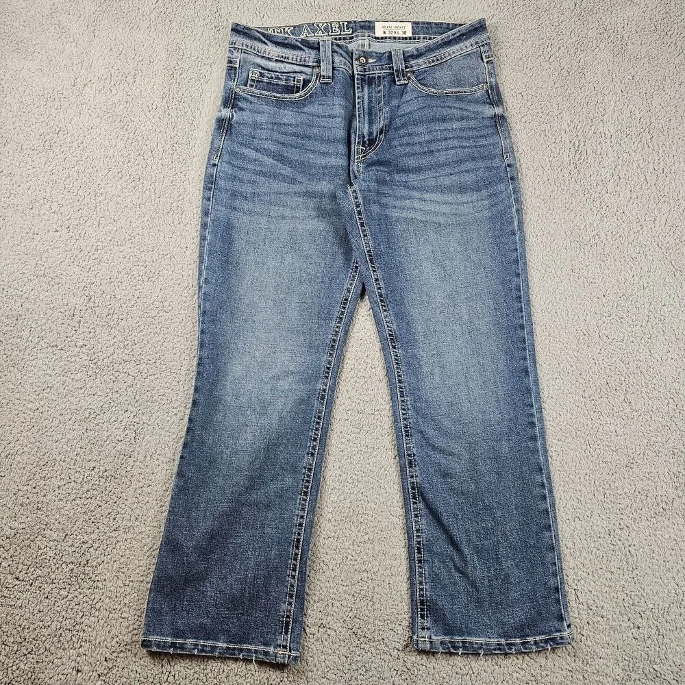 TK Axel Jeans Mens 35x28* Blue Denim Slim Boot Rocker Cowboy Biker Distressed